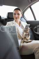 Pretty businesswoman working in the back seat