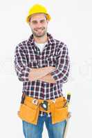 Confident male handyman wearing tool belt