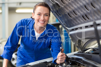 Smiling mechanic fixing car engine