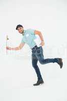 Flower delivery man running on white background