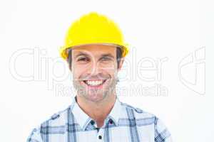 Architect wearing hardhat over white background