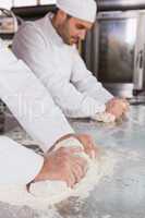 Focused bakers kneading dough at counter