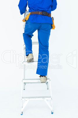 Low section of carpenter climbing step ladder
