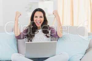 Pretty brunette cheering with laptop