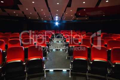 Empty rows of red seats