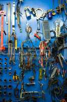 Blue storage wall for tools