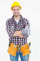 Happy male repairman wearing tool belt