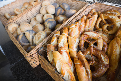 Basket filling with delicious bread and pretzel