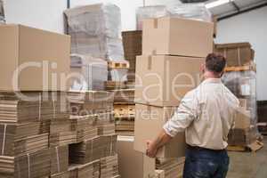 Rear view of worker carrying boxes