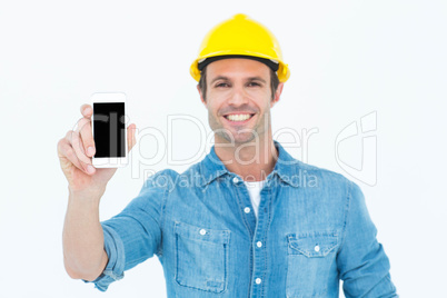 Happy carpenter showing smart phone