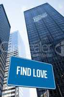 Find love against low angle view of skyscrapers