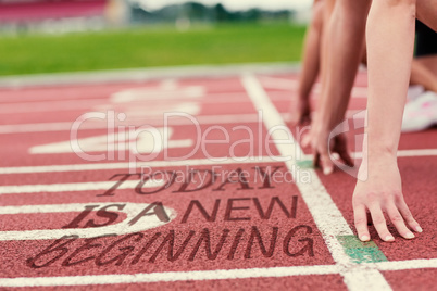 Composite image of cropped people ready to race on track field