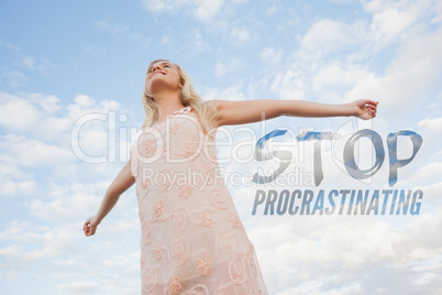 Composite image of young woman in summer dress stretching arms a