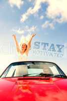 Composite image of happy woman standing in cabriolet while her b