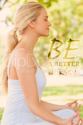 Composite image of side view of ponytailed calm woman meditating