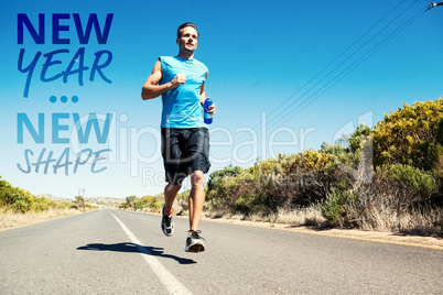 Composite image of athletic man jogging on open road holding bot