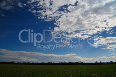 gruenes feld und weisse wolken