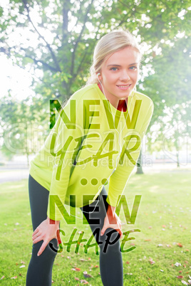 Composite image of active smiling blonde pausing after a run