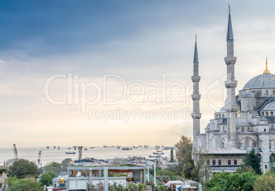 Istanbul. Beautiful view of Blue Mosque and city port with ships