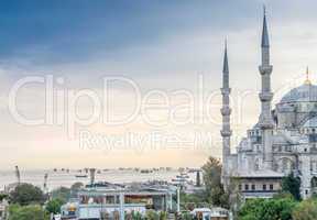 Istanbul. Beautiful view of Blue Mosque and city port with ships