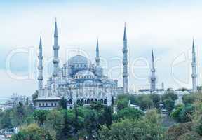 Sunset aerial view of Blue Mosque, Istanbul