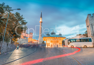 Hagia Sophia at night with surrounding roads, Istanbul