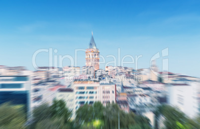 Blurred zoomed view of Galata tower and quarter in Istanbul