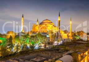 Wonderful night view of Hagia Sophia from a rooftop, Istanbul