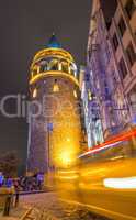 Car light trails underneath Galata Tower, Istanbul