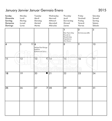 Calendar of year 2015 - January