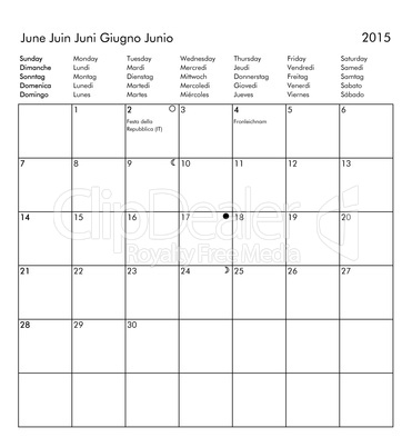 Calendar of year 2015 - June