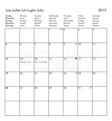 Calendar of year 2015 - July