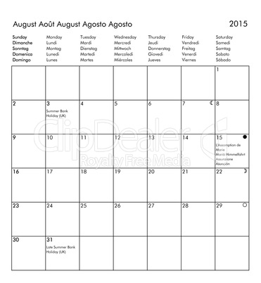 Calendar of year 2015 - August