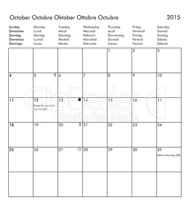 Calendar of year 2015 - October
