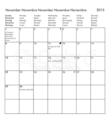 Calendar of year 2015 - November