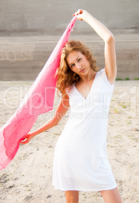 young woman with red scarf