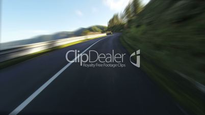 Fast Driving onto Curved Mountain Road on island Sao-Miguel, blurred