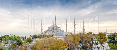 Panoramic aerial view of Blue Mosque area in Istanbul