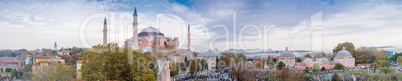 Panoramic aerial view of Hagia Sophia in Istanbul