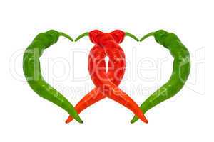 Two hearts composed of red and green chili peppers