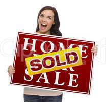 Mixed Race Female with Sold Home For Sale Sign