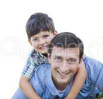 Happy Father and Son Piggyback Isolated on White