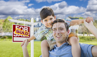 Mixed Race Father, Son Piggyback, Front of House, Sold Sign