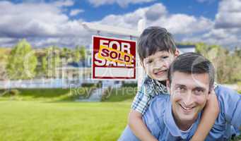 Mixed Race Father, Son Piggyback, Front of House, Sold Sign