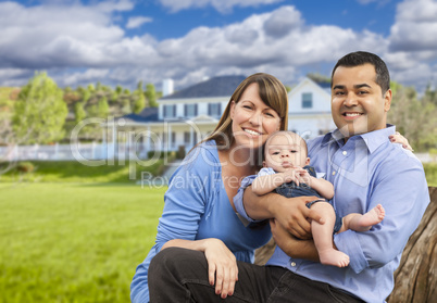 Happy Mixed Race Young Family in Front of House