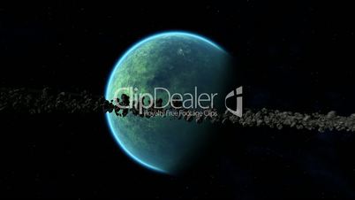 Green planet surrounded by asteroid ring 01