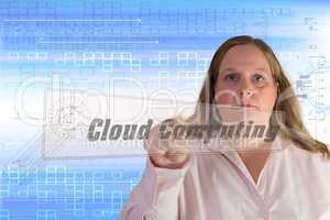 Frau drückt Touchscreen Button Cloud Computing