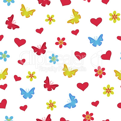 Seamless pattern with hearts, butterflies and flowers