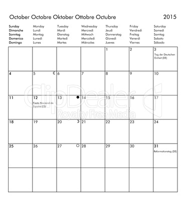 Calendar of year 2015 - October