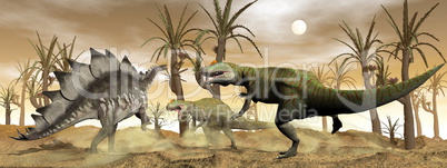 Allosaurus and stegosaurus dinosaurs fight - 3D render